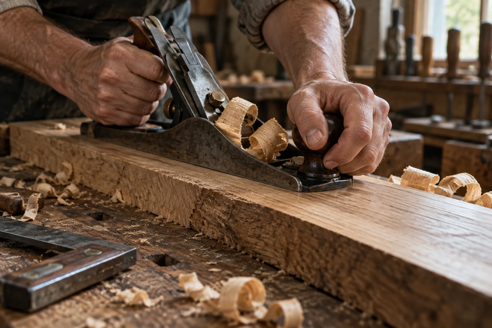 Dettaglio illustrativo di mani che lavorano una tavola di legno con una pialla, tra trucioli e utensili.
