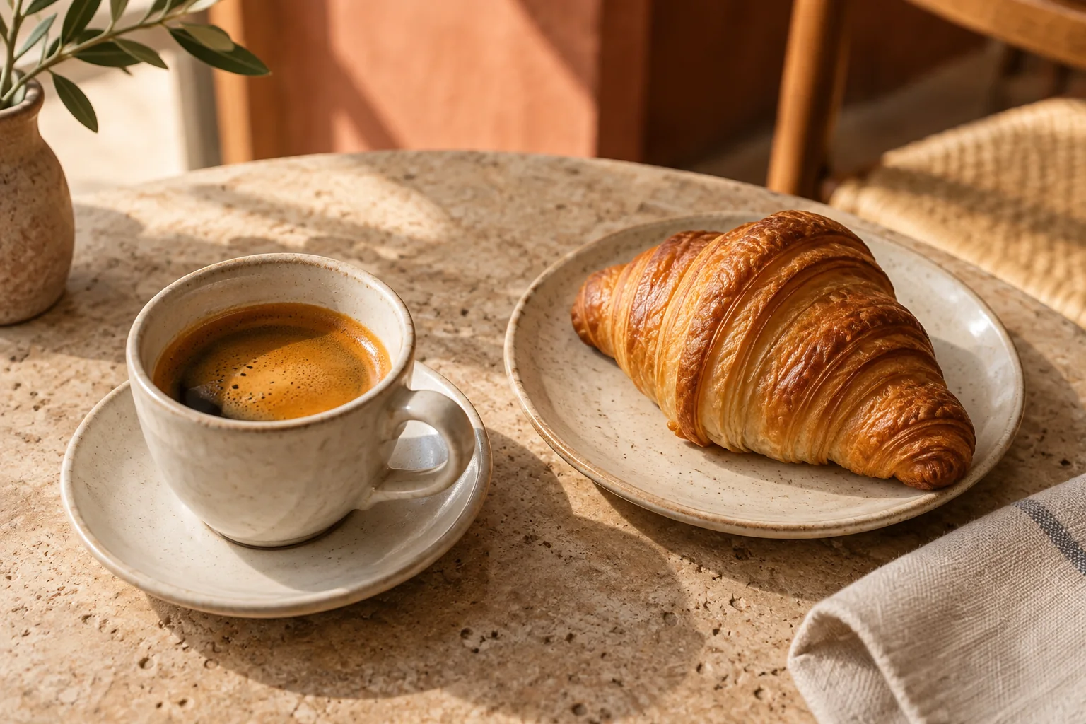 Immagine illustrativa di un espresso e di un croissant su un tavolino in travertino