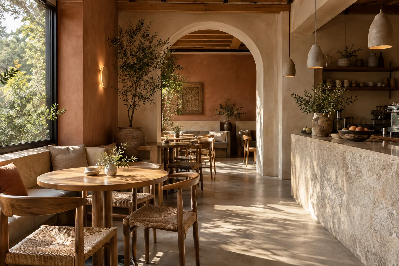 Atmosfera calda del concept caffetteria con materiali naturali, immagine AI