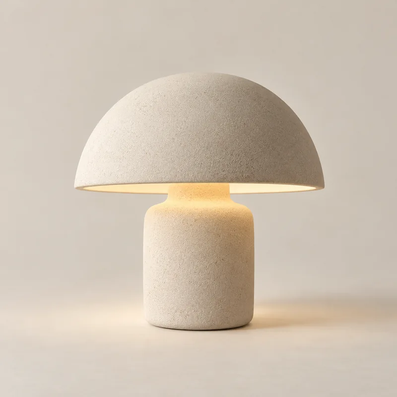Lampada da tavolo in ceramica color sabbia con paralume a cupola