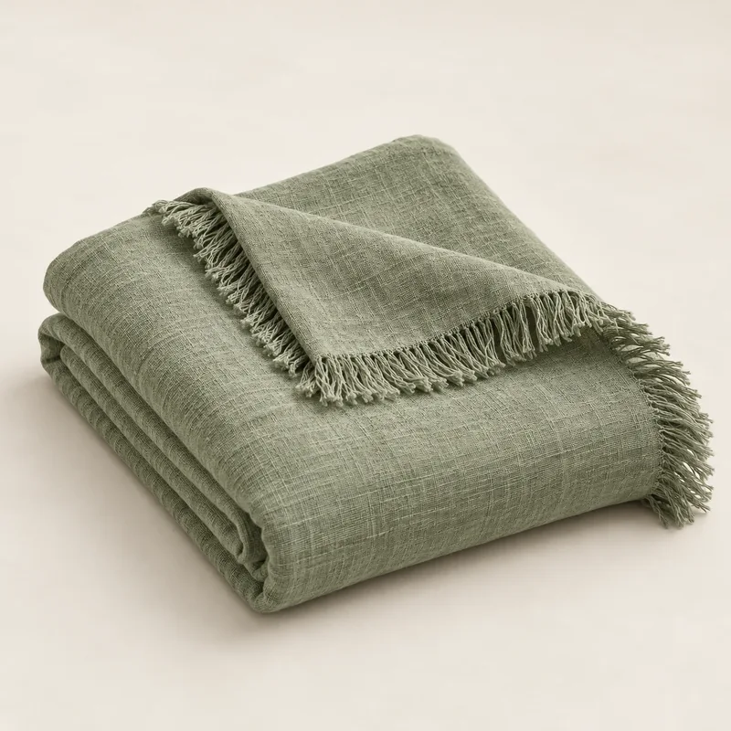 Plaid in tessuto verde salvia con frange