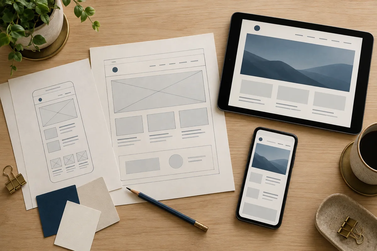 Illustrazione di progettazione web con wireframe su carta e strumenti di lavoro