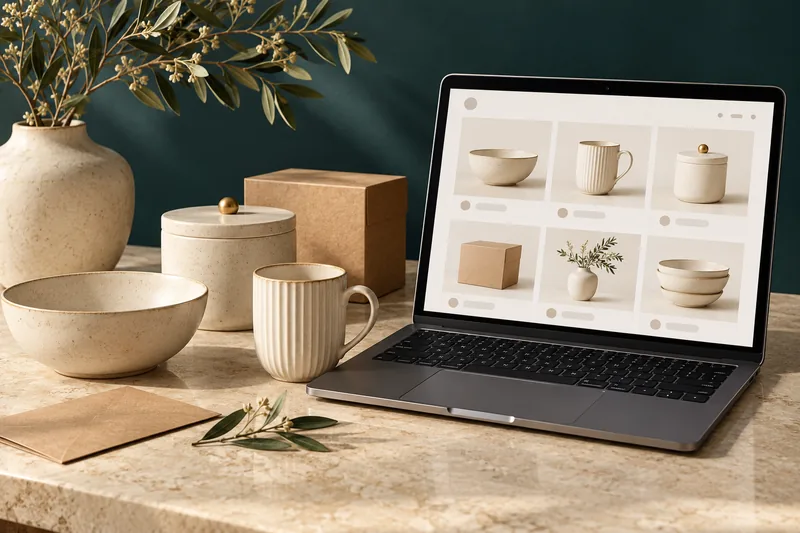 Illustrazione di un catalogo online su laptop, con ceramiche e confezioni neutre